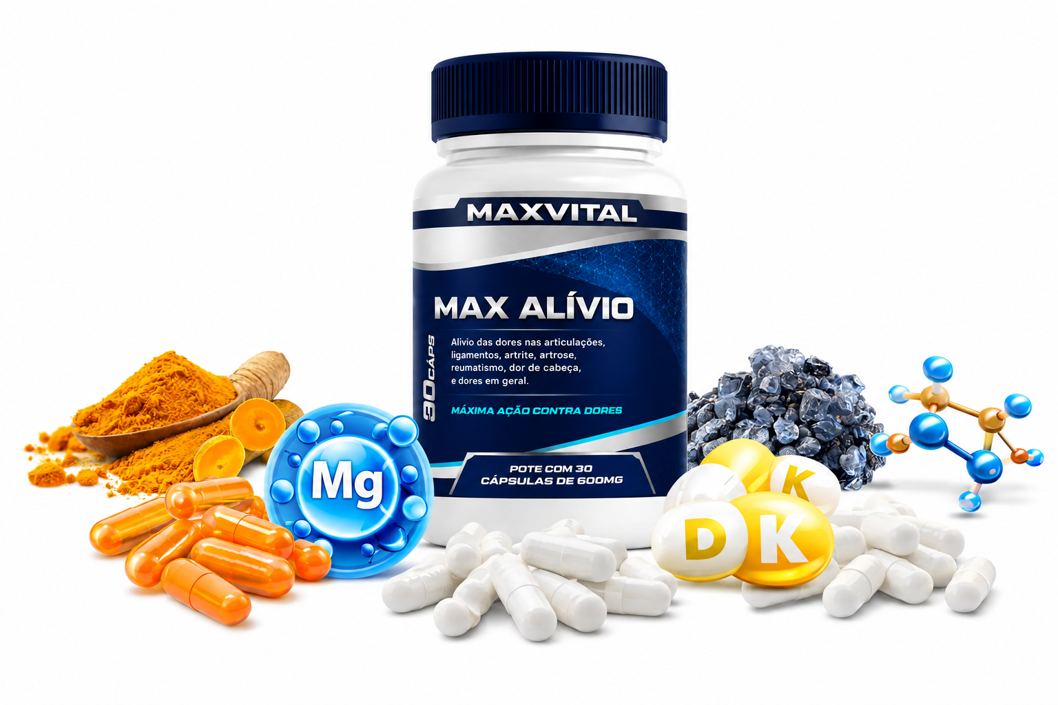 Max Alívio Maxvital — fórmula com cúrcuma, magnésio, vitaminas D e K e manganês